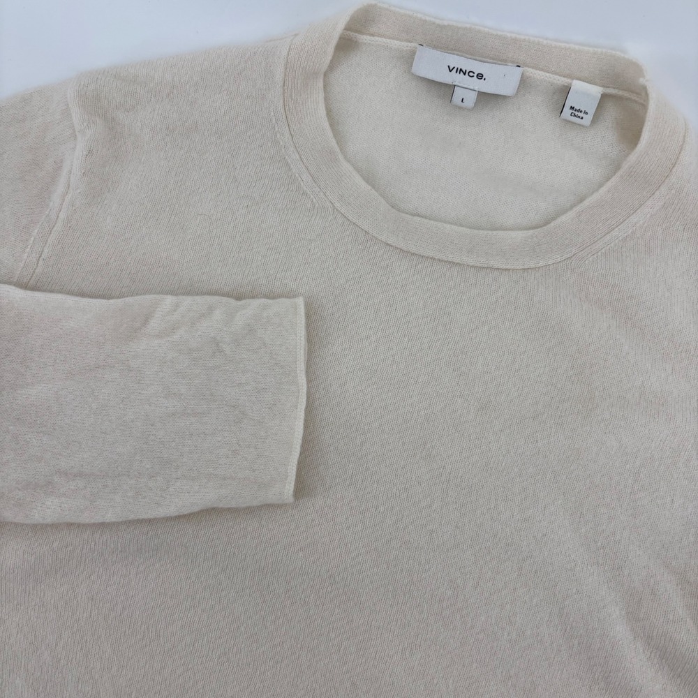 Vince Cashmere Crewneck Sweater Womens Large Cream Fair Rolled Hem Lightweight - Picture 1 of 9
